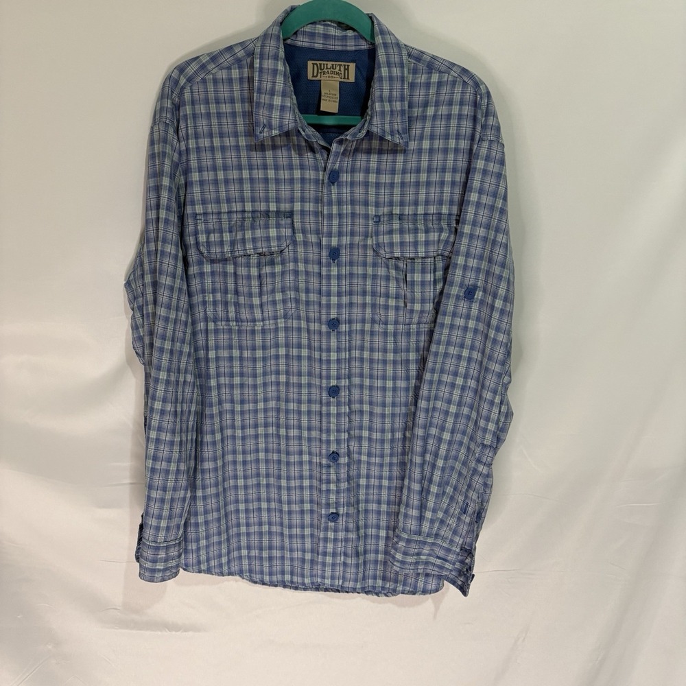Duluth Trading Co Mens Blue Plaid Long Sleeve Button Down Shirt Size L